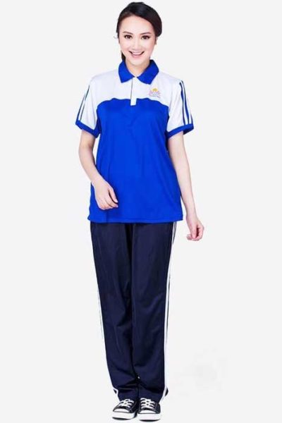 Đồng phục học sinh sinh viên – Đồng phục sinh viên áo thun cổ trụ màu xanh trắng 04