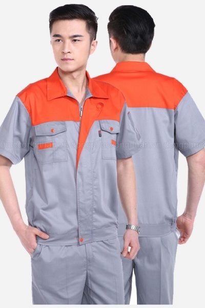 Đồng phục bảo hộ lao động – Quần áo bảo hộ lao động màu xám phối cam tay ngắn 08