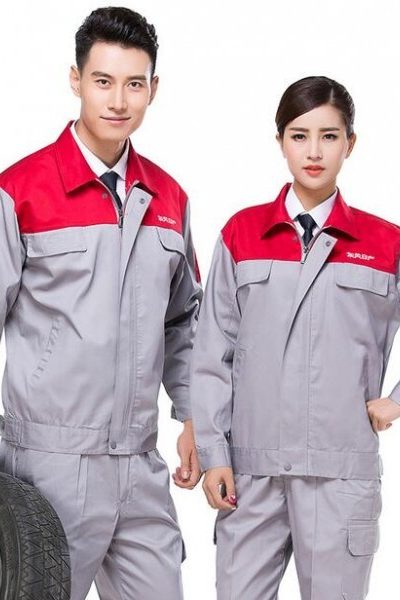 Đồng phục bảo hộ lao động – Quần áo bảo hộ lao động màu xám phối đỏ tay dài 18