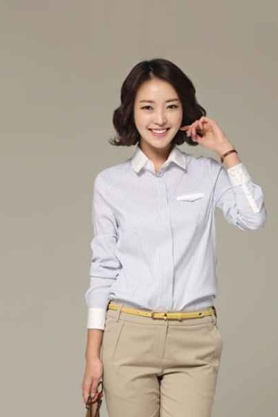 Đồng phục công sở – Áo sơ mi nữ sọc nhỏ màu tím tay dài 23