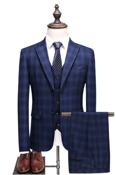 Đồng phục công sở – Áo vest nam màu xanh đem phối sọc caro xanh 46
