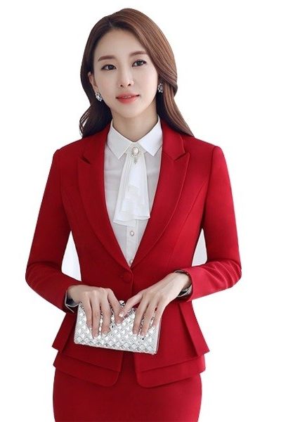 Đồng phục nhà hàng khách sạn – Đồng phục quản lý áo vest, chân váy đỏ 23