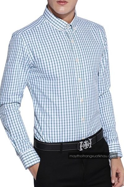 Đồng phục công sở – Áo sơ mi nam màu trắng họa tiết caro xanh tay dài 27