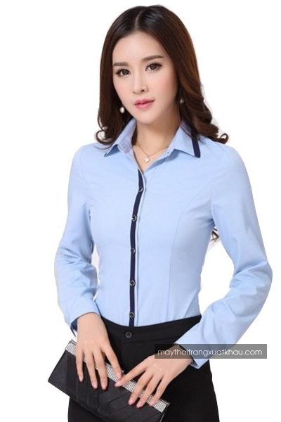 Đồng phục công sở – Áo sơ mi nữ màu xanh viền xanh đen tay dài 35