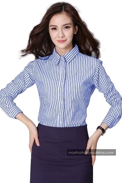 Đồng phục công sở – Áo sơ mi nữ sọc trắng xanh tay dài 37