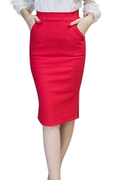 Đồng phục công sở – Chân váy body màu đỏ qua gối 27
