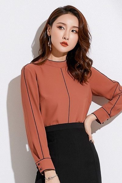 Đồng phục công sở – Áo sơ mi nữ tay dài viền đen màu cam đất 36