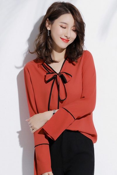 Đồng phục công sở – Áo sơ mi nữ tay dài viền đen màu cam đất 31