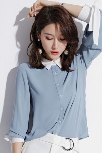 Đồng phục công sở – Áo sơ mi nữ tay dài xanh dương phối trắng 32