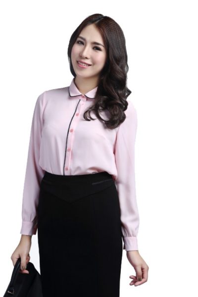 Đồng phục công sở – Áo sơ mi nữ tay dài viền đen màu hồng nhạt 42