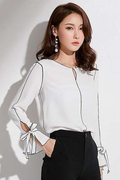 Đồng phục công sở – Áo sơ mi nữ tay dài viền đen màu trắng 35