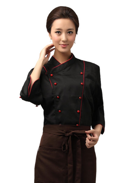 Đồng Phục Nhà Hàng Khách Sạn-Đồng Phục Bếp Tạp Dề Nâu, Áo Đen Phối Đỏ 100