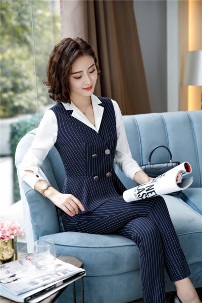Đồng Phục Công Sở-Áo Gile Nữ Màu Xanh Kẻ Sọc 50