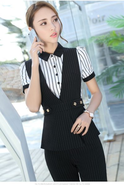 Đồng phục công sở – Áo ghi lê nữ màu đen sọc trắng 92