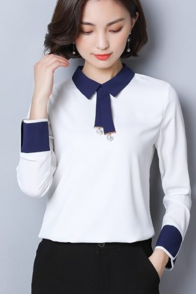 Đồng Phục Công Sở-Áo Sơ Mi Nữ Màu Trắng Cổ Xanh 92