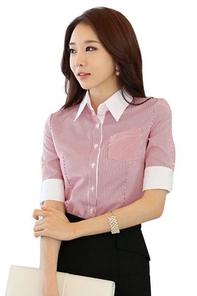 Đồng Phục Công Sở-Áo Sơ Mi Nữ Màu Hồng Cổ Trắng 91