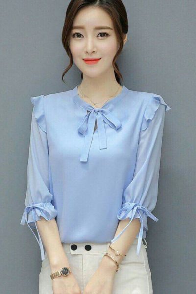 Đồng phục công sở – Áo sơ mi nữ tay lửng xanh dương 16