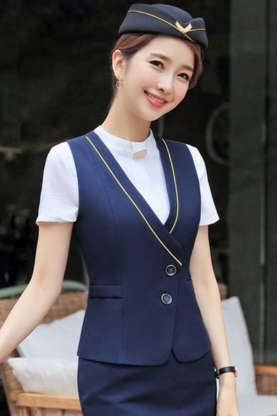 Đồng Phục Công Sở-Áo Gile Nữ Màu Xanh Viền Vàng 52