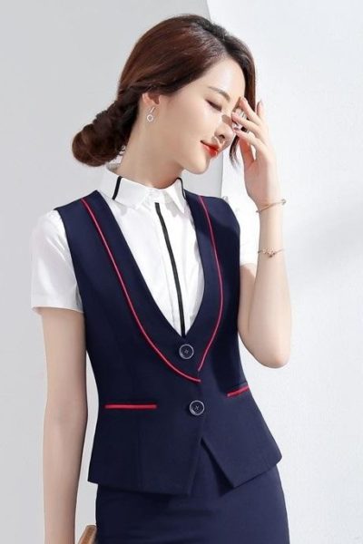 Đồng Phục Công Sở-Áo Gile Nữ Màu Xanh Viền Đỏ 54