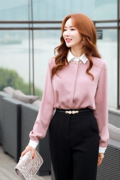 Đồng phục công sở – Áo sơ mi nữ dài tay hồng phối trắng 28