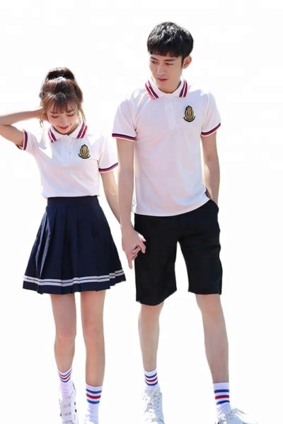 Đồng phục học sinh sinh viên – Đồng phục học sinh cấp III váy xếp li đen, áo thun cổ trụ 87