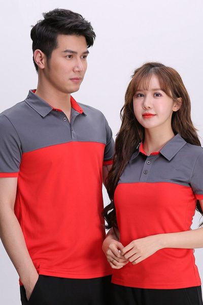 Đồng Phục Áo Thun-Áo Thun Cổ Trụ Màu Đỏ Phối Xám 113